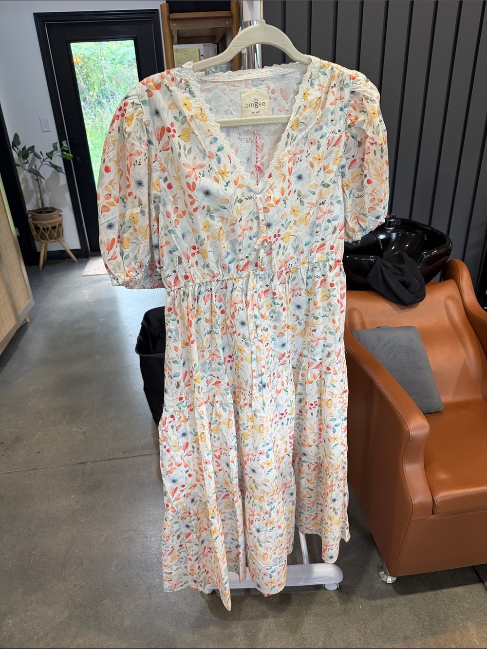 Umgee White Floral Puff-Sleeve Midi Dress with Multi-Color Blossoms